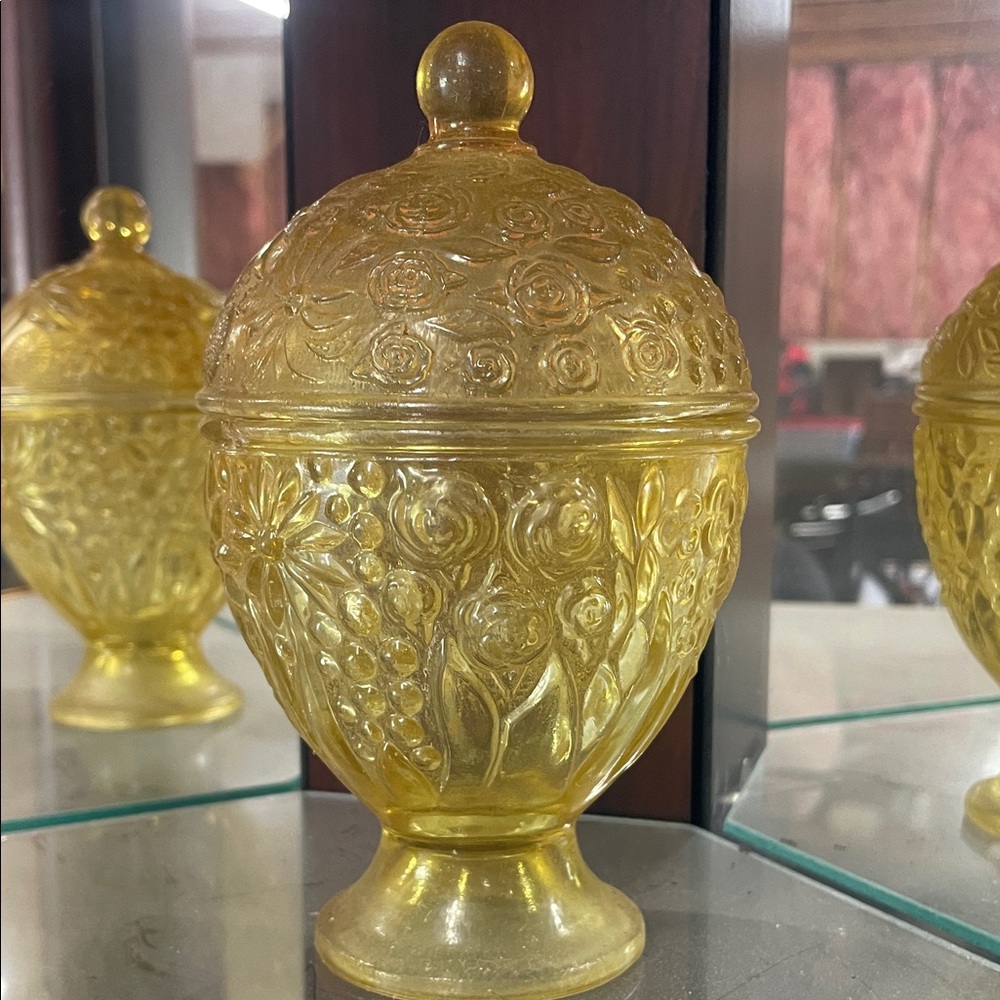 Vintage Yellow Pressed Glass Covered Candy Dish - Picture 1 of 2